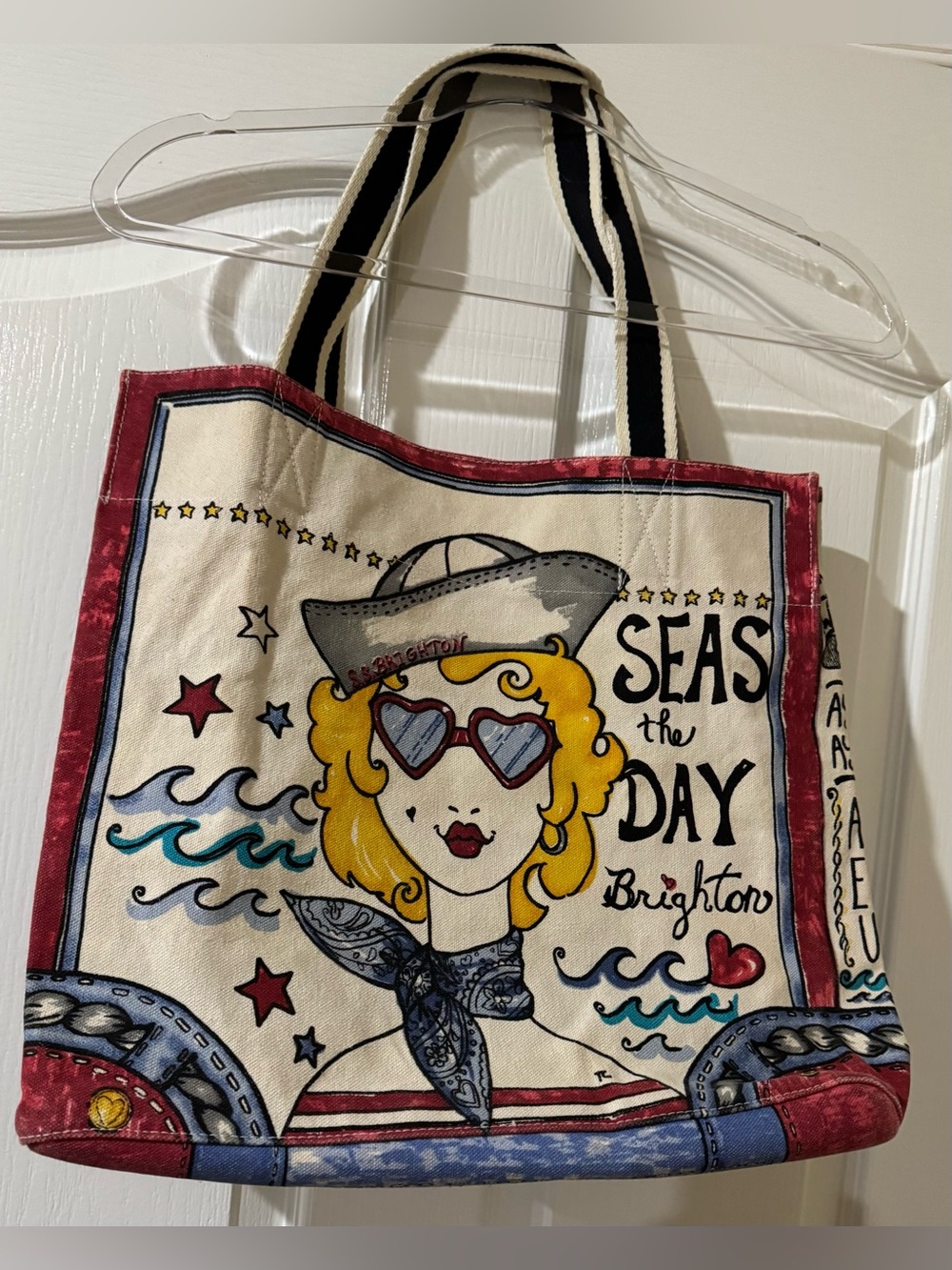 Brighton Seas The Day Canvas Tote - Blue, Red & Cream